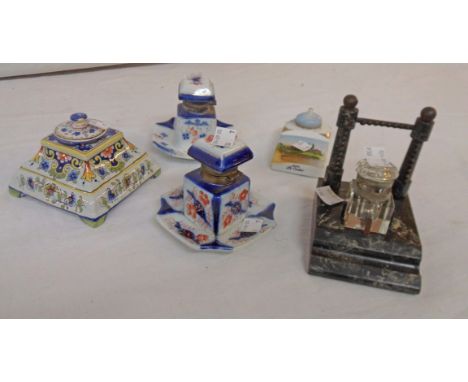 A simulated marble inkstand with glass well - sold with four ceramic inkwells