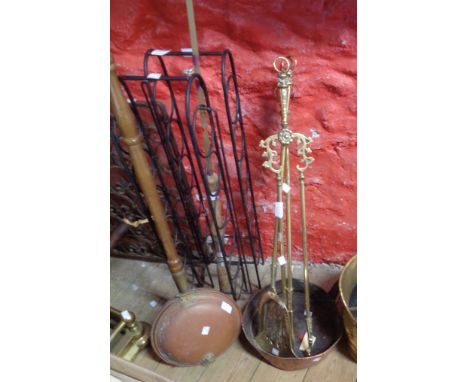 A set of fire tools - sold with an antique copper pan with iron handle (misshapen)