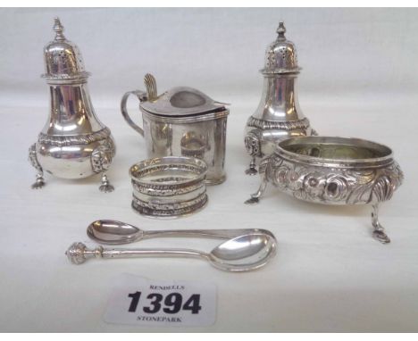 A pair of Mappin &amp; Webb silver Georgian style pepperettes - sold with a late Georgian silver salt, later mustard pot with