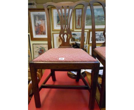 Three matching antique mahogany framed Chippendale style standard dining chairs with pierced splat backs, upholstered drop-in