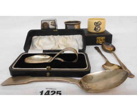 A cased pair of silver teaspoons, bearing presentation dates - sold with a silver dessert spoon, cased silver feeder spoon, n