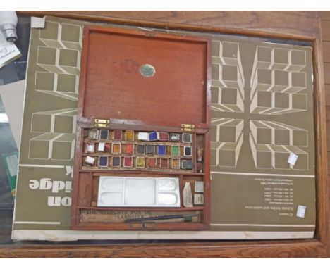 A selection of artist's materials including Landseer student's watercolour box with ceramic palette and pots - sold with a la