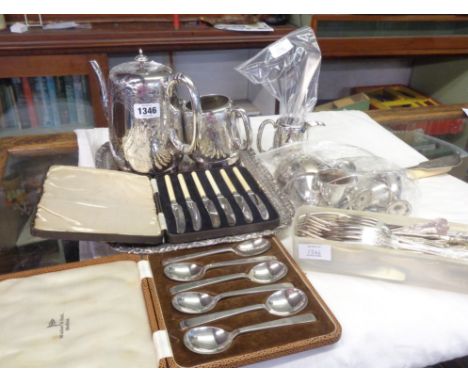 A silver plated BM three piece tea set, pierced tray, cased and loose cutley and a silver fork and pair of sugar tongs