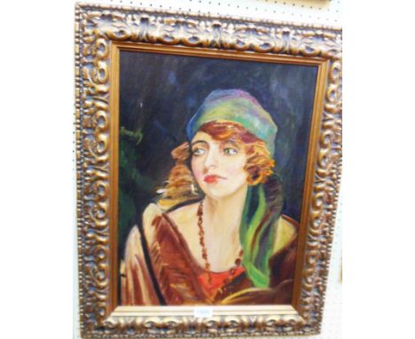 Mandy: an ornate giltwood framed modern oil on canvas portrait of a 1930's lady wearing a green headdress - signed - 21" X 15