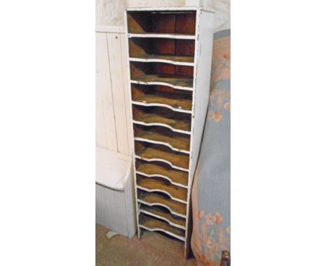A 16 3/4" vintage painted pine filing unit with flight of twelve shaped shelves - some damaged - 5' 9" high