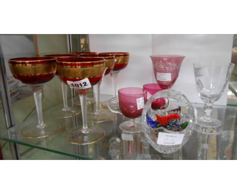 A set of six 20th Century Venetian ruby and gilt champagne glasses, two cranberry custard cups, etc.