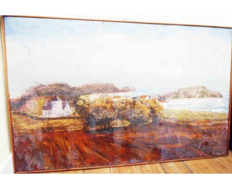 A large oil painting on board, depicting coastal landscape with buildings - paint surface with bloom - paper label attached v