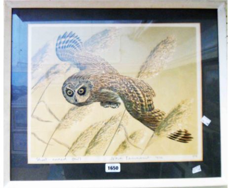 John Tennent: a framed vintage coloured print entitled "Short-Eared Owl" - signed in pencil to the margin, dated 1972 and num