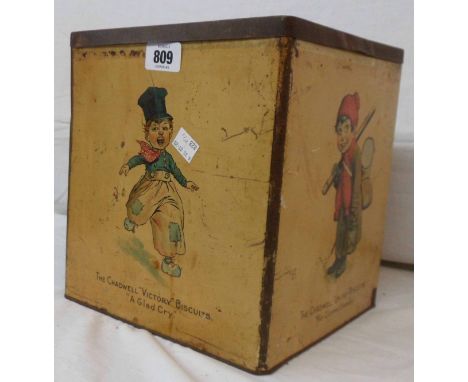 A vintage Chadwell Biscuit tin with photographic images of the Chadwell Spring and child caricatures