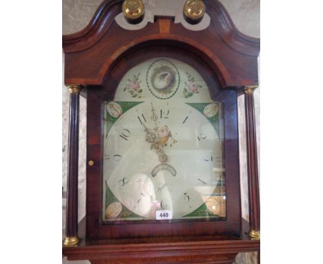 A 19th Century oak and crossbanded longcase clock, the 12" painted arch dial with horse chestnut to top and anchor spandrel c