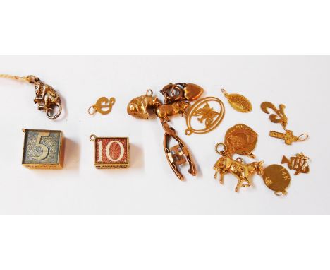 A collection of 9ct and other yellow metal charms including encapsulated vintage blue £5 note and 10 Shilling note, etc.