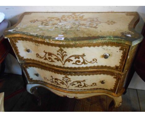 A 13 1/2" reproduction painted and parcel gilt serpentine front commode chest of two long drawers set on cabriolet legs - dis