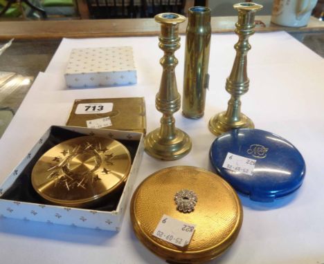 Four vintage compacts - sold with a pair of miniature brass candlesticks and a brass shell case