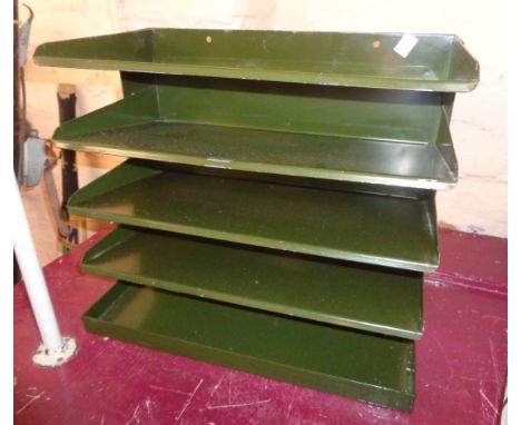 A vintage green painted metal filing rack