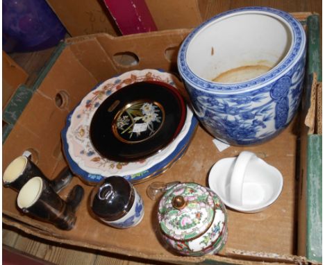 A box of assorted ceramics including Copeland Spode Pheasant pattern plates, Japanese pottery jardniere, etc.