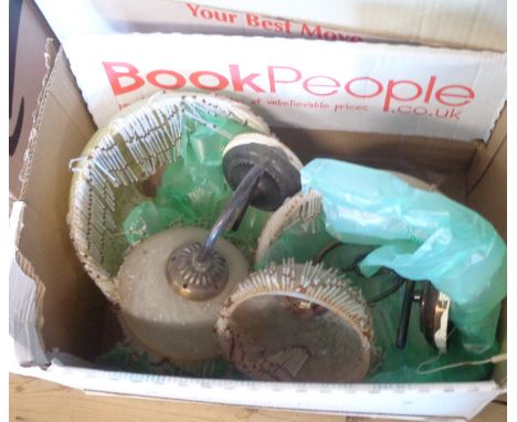 A box containing two vintage clouded glass and beaded lampshades - sold with two similar wall sconces