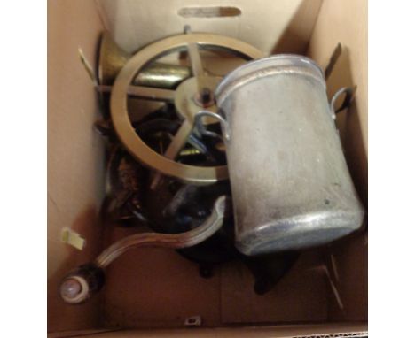 A box containing assorted metalware including coffee grinder, small brass ships wheel with chain, Eastern vases, etc.