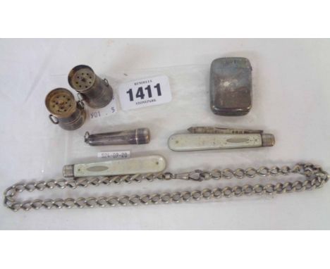 A silver folding fruit knife with mother-of-pearl clad handle - sold with a matching fork, pair of small silver churn pattern