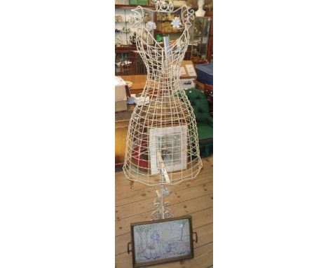 A vintage wirework dress mannequin - sold with a vintage embroidery inset tray