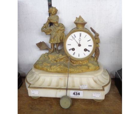 A late 19th Century gilt spelter drum and figural mantle timepiece with shaped white marble base and Japy Freres &amp; Co mov