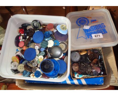 Three tubs of assorted vintage buttons, etc.