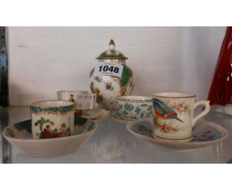 A Dresden small jar and cover decorated with hand painted floral sprays with green scale border - sold with a similar miniatu