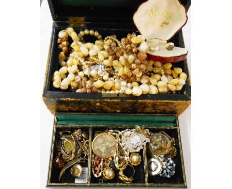 A vintage jewellery box containing costume and other jewellery including silver fobs, yellow metal locket, cameo brooch and b