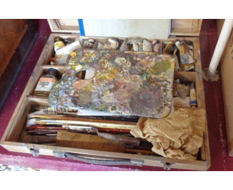 A vintage Guys wooden artist's box with contents including Winsor &amp; Newton, Rowney, and other colour tubes, palette, etc.