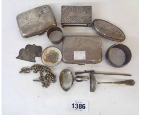 A quantity of scrap silver and white metal items including two cigarette cases, matchbox sleeve and jar top, also plated RAF 