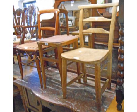 An old elm seated ladder back standard chair a/f, vintage stool and Edwardian bedroom chair - various condition