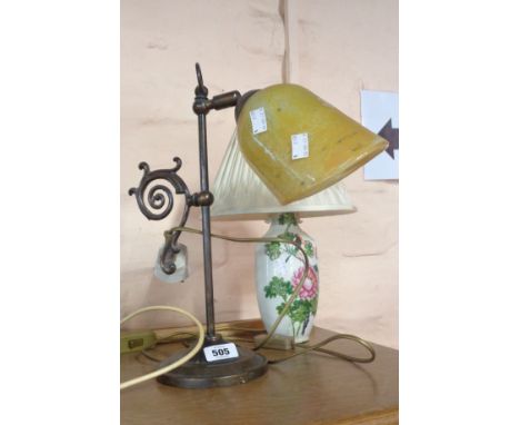 A modern bronzed metal students lamp with cloudy glass shade - sold with a 20th Century Chinese porcelain hand painted table 