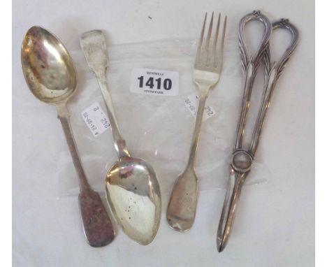 Two similar antique fiddle pattern dessert spoons and similar fork - sold with a pair of silver plated grape scissors