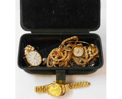 A vintage small jewellery case containing long gold plated neck chain, other costume jewellery and four modern wristwatches, 