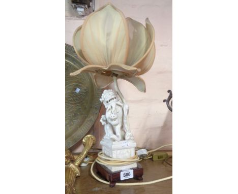 A 20th Century Chinese blanc de chine temple lion figural table lamp with lotus flower pattern shade