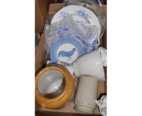 A quantity of assorted ceramics including jelly mould, stoneware jar, blue and white plates, etc.