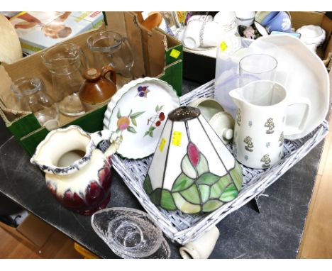 Wicker tray and box of glass jugs, ceramics, Tiffany style lampshade etc