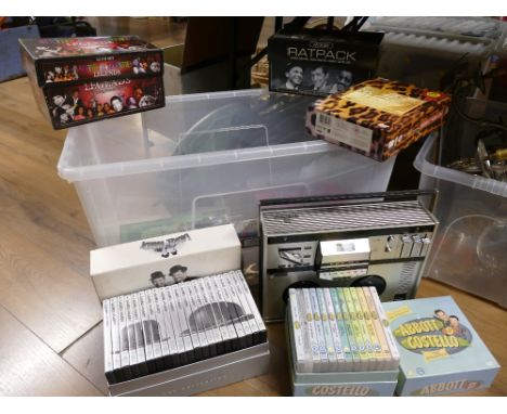 Large storage tub containing CD box sets, Rat Pack, The Very Best of Ireland, Vintage Grundig reel to reel recorder Model TK1