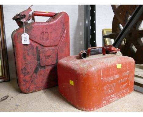 Red 10 ltr fuel canister dated 1991 and a red Petroleum Spirit Ready Can 