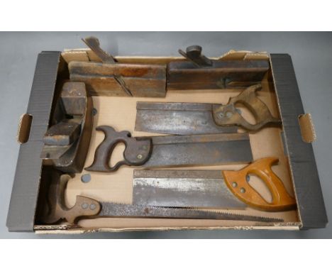 3 vintage tenon saws. 2 molding planes, block plane and carpenters saw.