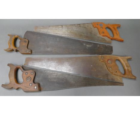 Vintage Disston handsaw, 2 vintage Spear &amp; Jackson handsaws and an unbranded handsaw.