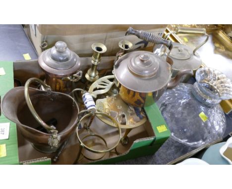 Box of glass and copper, trivet, teapot, candlesticks and glass oil lantern shade
