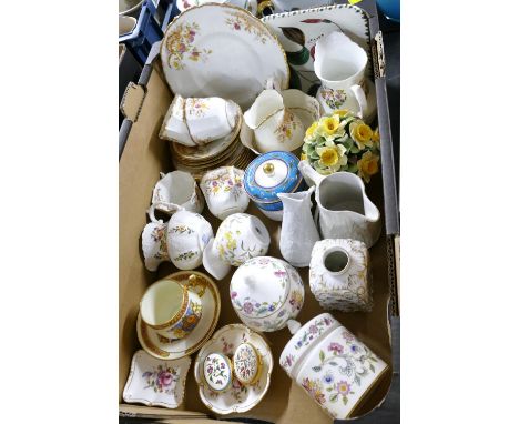 Box of floral part tea set, Aynsley Cottage Garden, Minton floral trinket pots, Halycon Days enamels etc