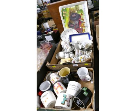 Two boxes of mugs, part tea sets, tractor tray etc