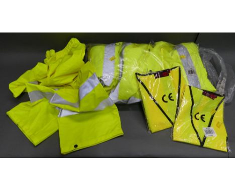 Hi-Viz bomber jacket size L, Hi-Viz trousers size XL, and two Hi-Viz waistcoats sizes L &amp; 4XL.