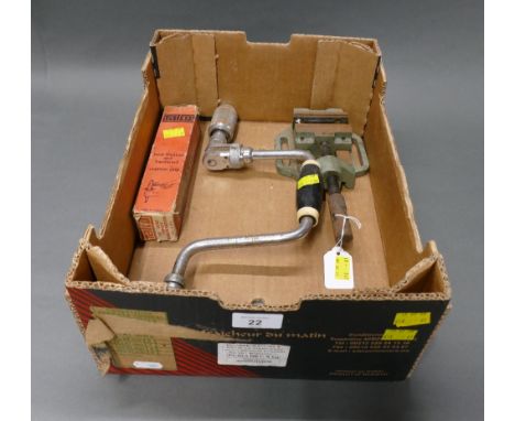 Talco Hilka impact driver with 4 bits in original box, 3" drill press vice and vintage stanley No144 brace drill.