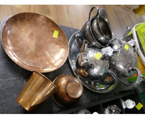 Plated ware, tea items, copper vessels including one marked to base CB Hand Crafted Made in England with crossed hammer and k