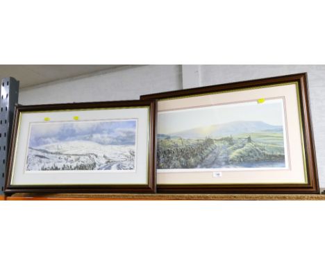 Two limited edition prints by M J Hawley, Sunset over Pendle and Pendle Hill in Winter