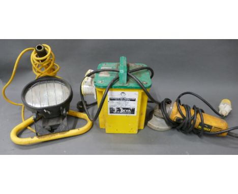 Dewalt DW818L 110v angle grinder, 110v work light and a transformer.
