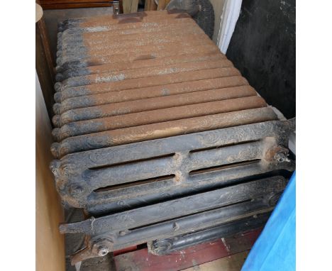 3 antique 3 column ornate cast iron radiators measuring approx. 38" wide, 10" deep, 32" high.