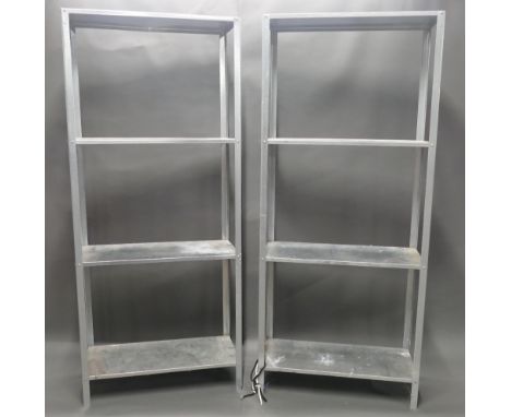 Pair of lightweight galvanised 3 shelf upright shelving, measuring approx 60cm wide, 27cm deep, 140cm high.